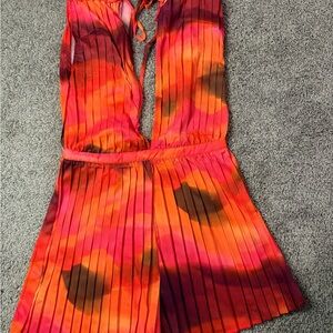 PrettyLittleThing Pink Wave Print Pleated Shoulder Pad Plunge Playsuit